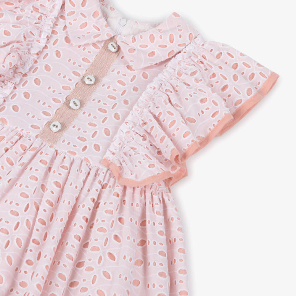 Rochy-Girls White & Pink Cut Work Cotton Dress with Ruffles | Childrensalon