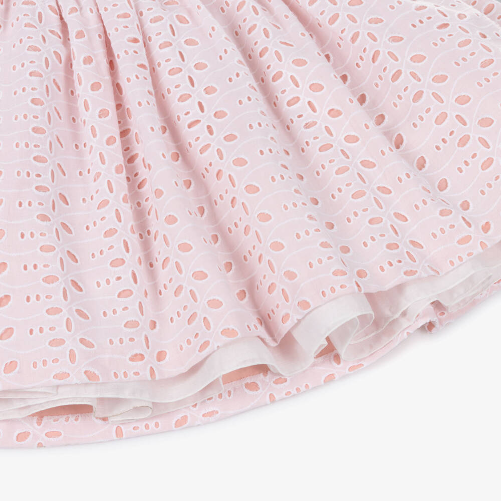Rochy-Girls White & Pink Cut Work Cotton Dress with Ruffles | Childrensalon