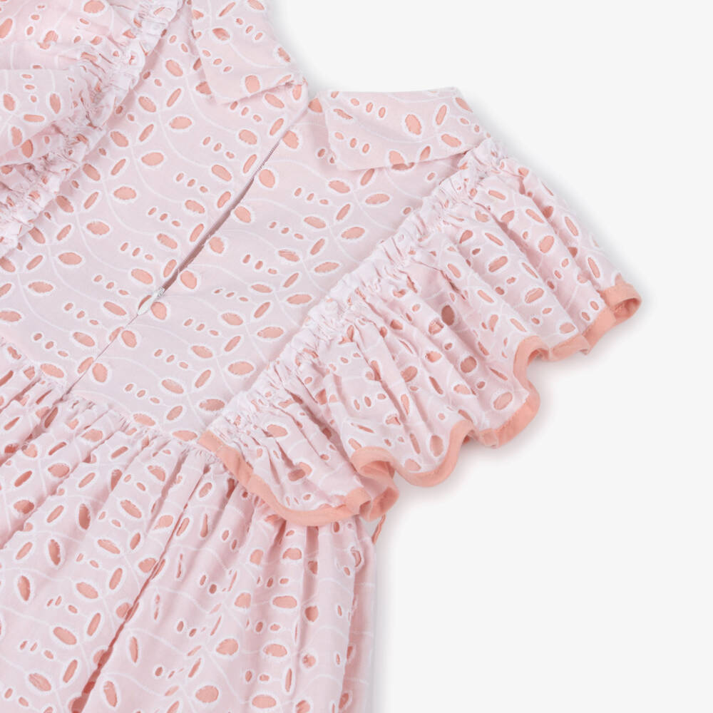 Rochy-Girls White & Pink Cut Work Cotton Dress with Ruffles | Childrensalon