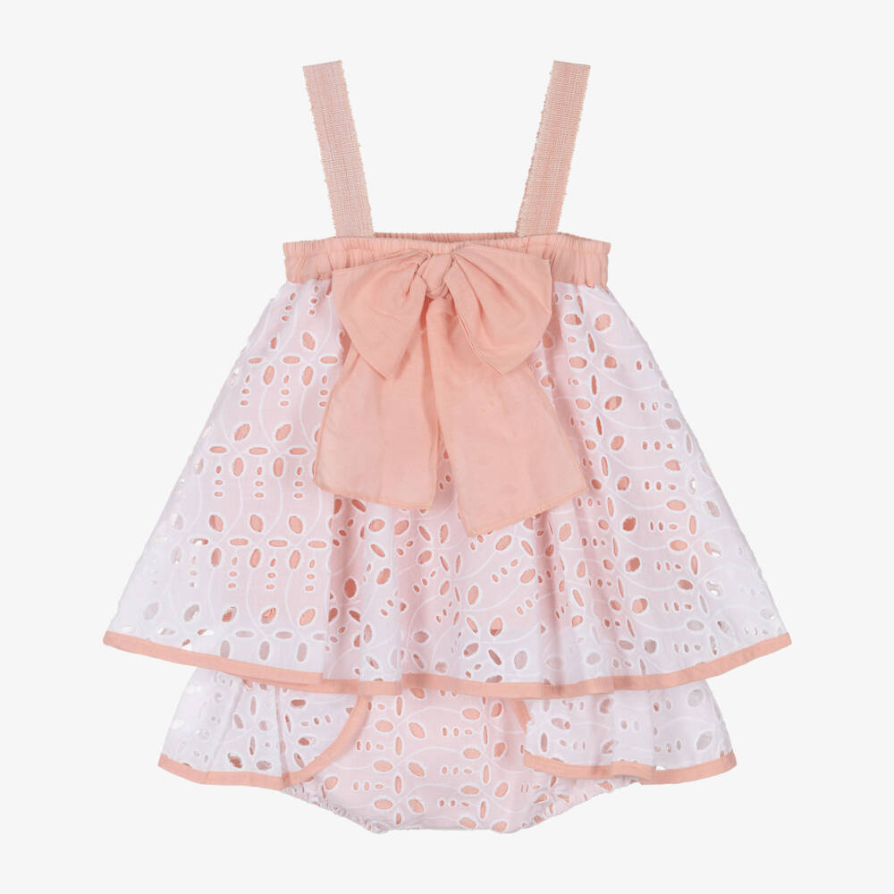 Rochy-Girls White & Pink Cut Work Cotton Shorts Set with Ruffles | Childrensalon
