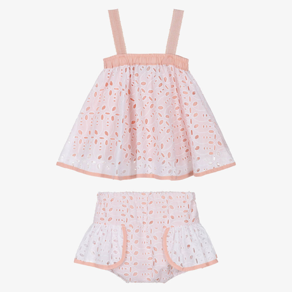Rochy-Girls White & Pink Cut Work Cotton Shorts Set with Ruffles | Childrensalon