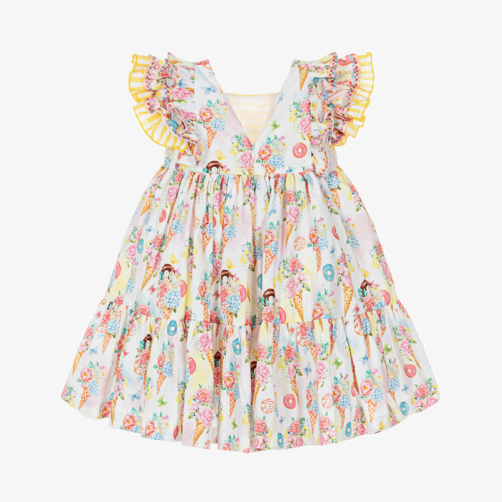 Rochy-Girls Yellow & Pink Cotton Dress with Floral Ice Cream Print | Childrensalon
