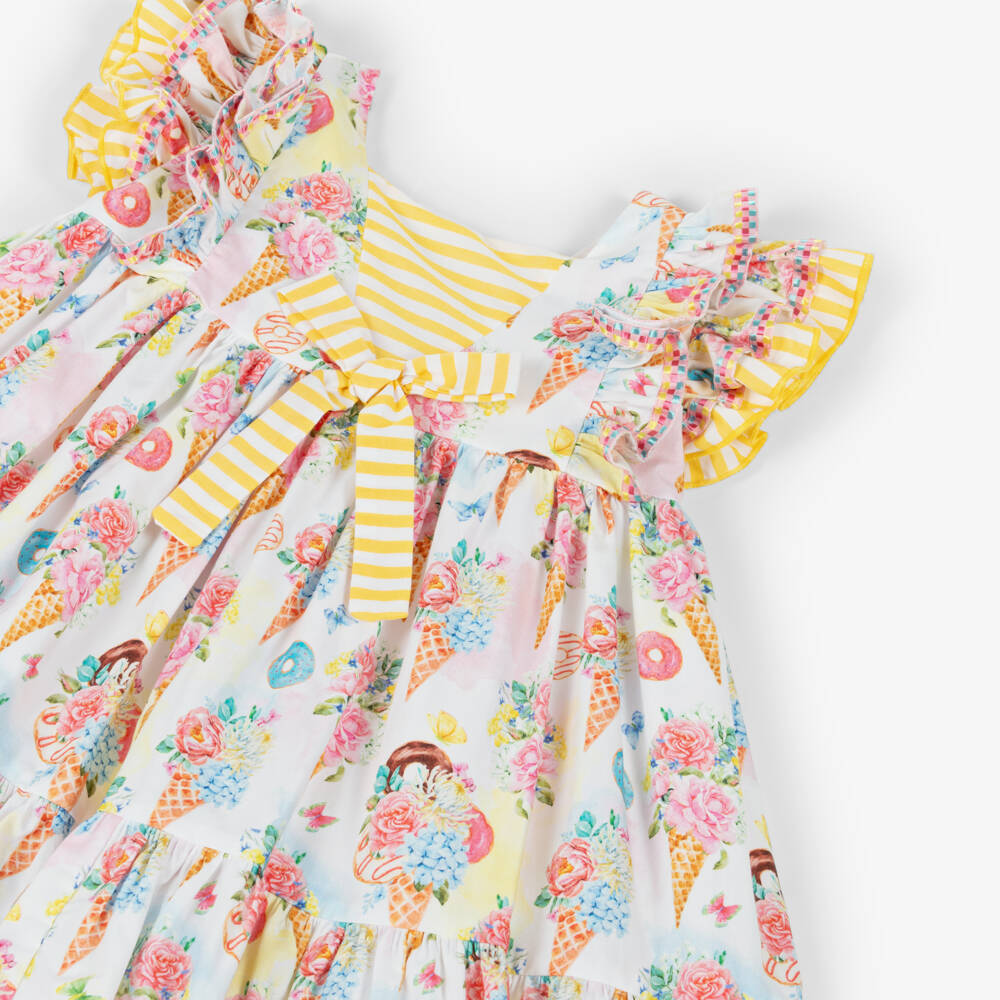 Rochy-Girls Yellow & Pink Cotton Dress with Floral Ice Cream Print | Childrensalon