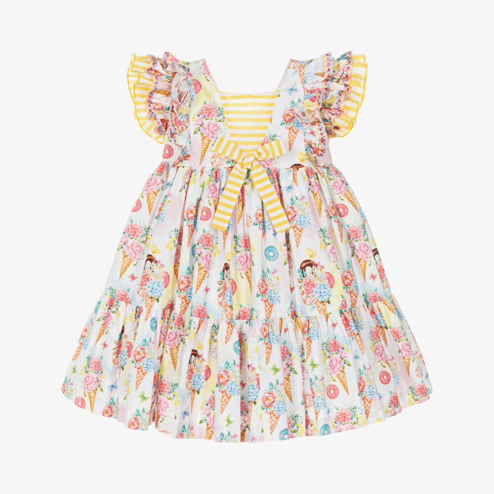 Rochy-Girls Yellow & Pink Cotton Dress with Floral Ice Cream Print | Childrensalon