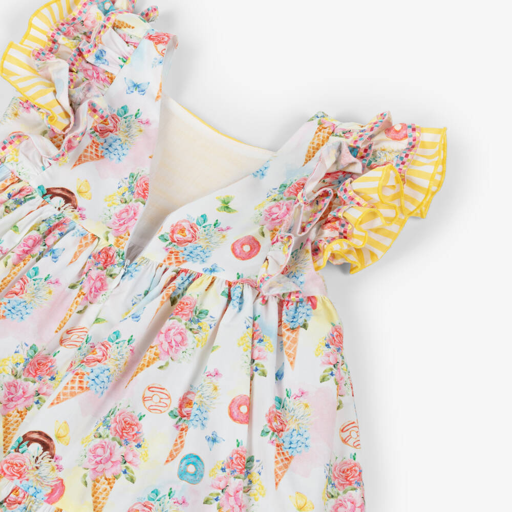 Rochy-Girls Yellow & Pink Cotton Dress with Floral Ice Cream Print | Childrensalon