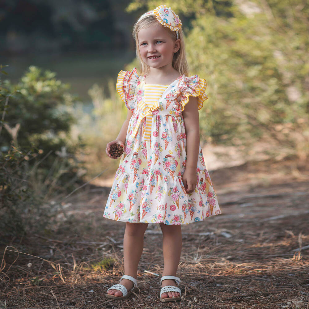 Rochy-Girls Yellow & Pink Floral Ice Cream Print Cotton Dress | Childrensalon