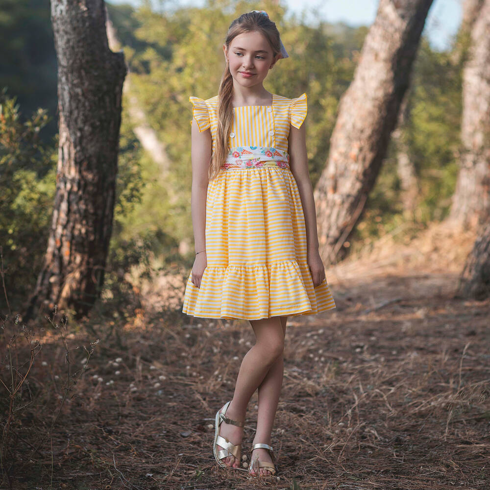Rochy-Girls Yellow & White Striped Cotton Dress Set | Childrensalon