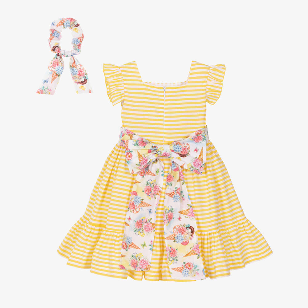 Rochy-Girls Yellow & White Striped Cotton Dress Set | Childrensalon