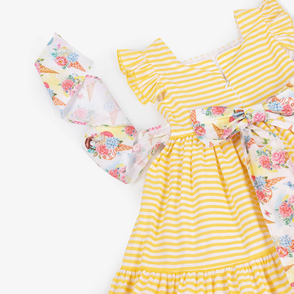 Rochy-Girls Yellow & White Striped Cotton Dress Set | Childrensalon