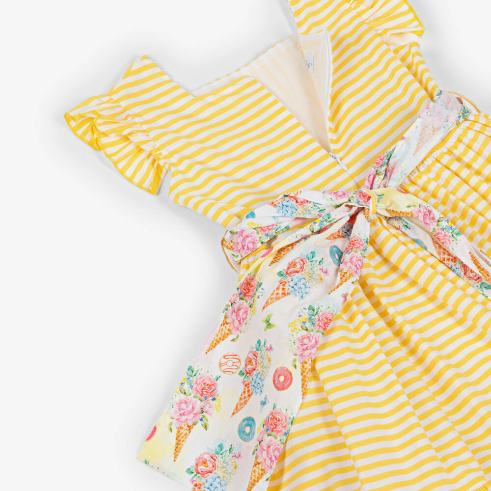 Rochy-Girls Yellow & White Striped Cotton Dress Set | Childrensalon