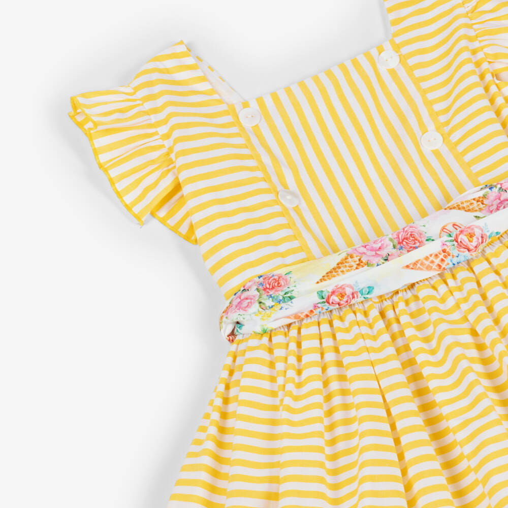Rochy-Girls Yellow & White Striped Cotton Dress with Sash Belt | Childrensalon