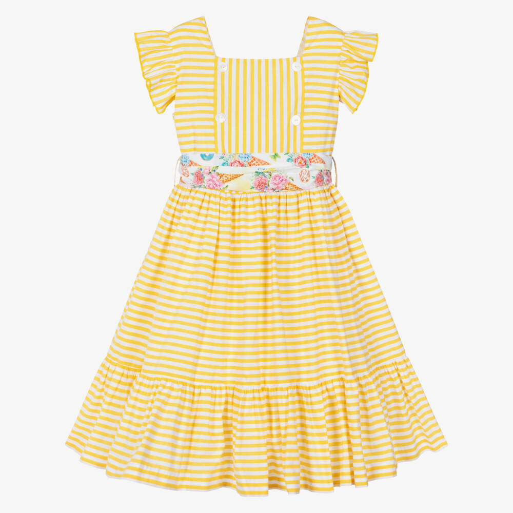 Rochy-Girls Yellow & White Striped Cotton Dress with Sash Belt | Childrensalon