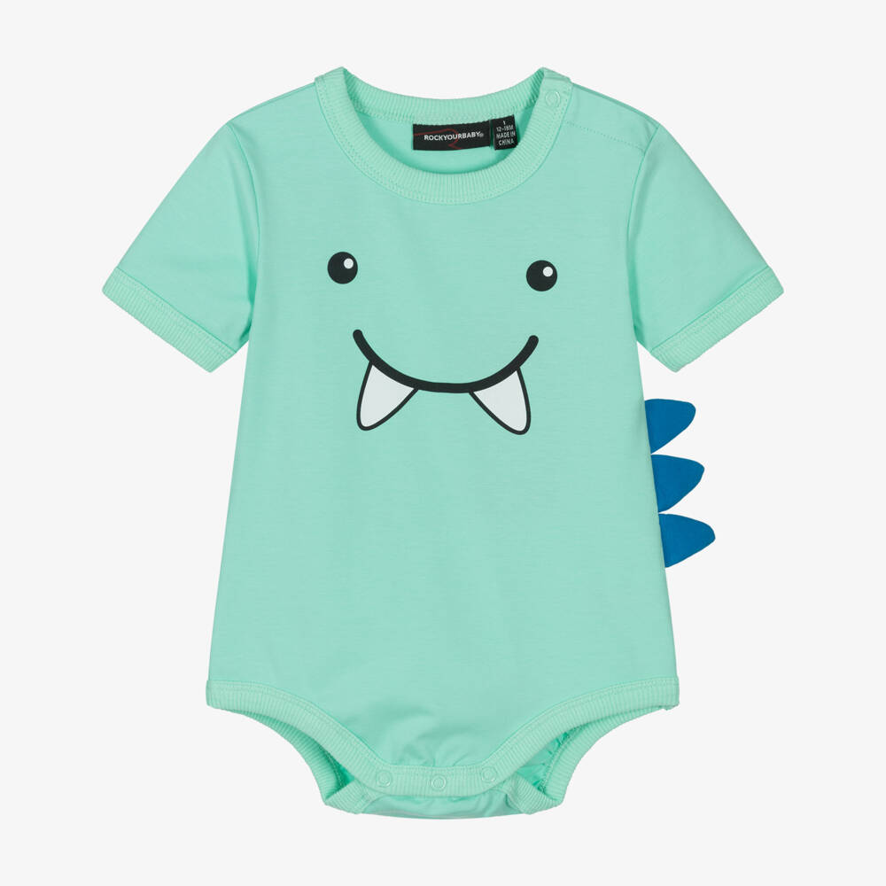 Rock Your Baby-Baby Boys Aqua Green Cotton Dino Bodysuit | Childrensalon