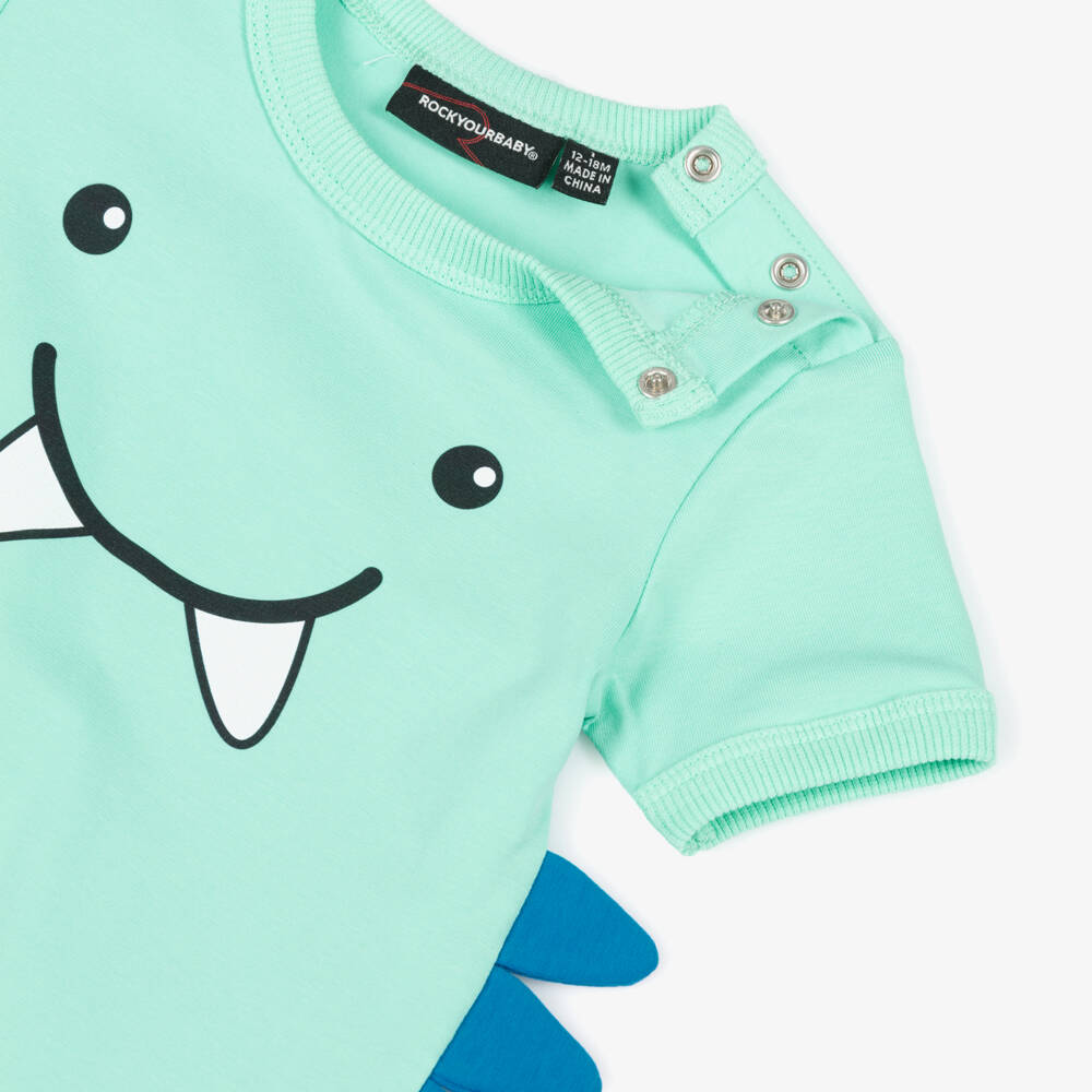 Rock Your Baby-Baby Boys Aqua Green Cotton Dino Bodysuit | Childrensalon