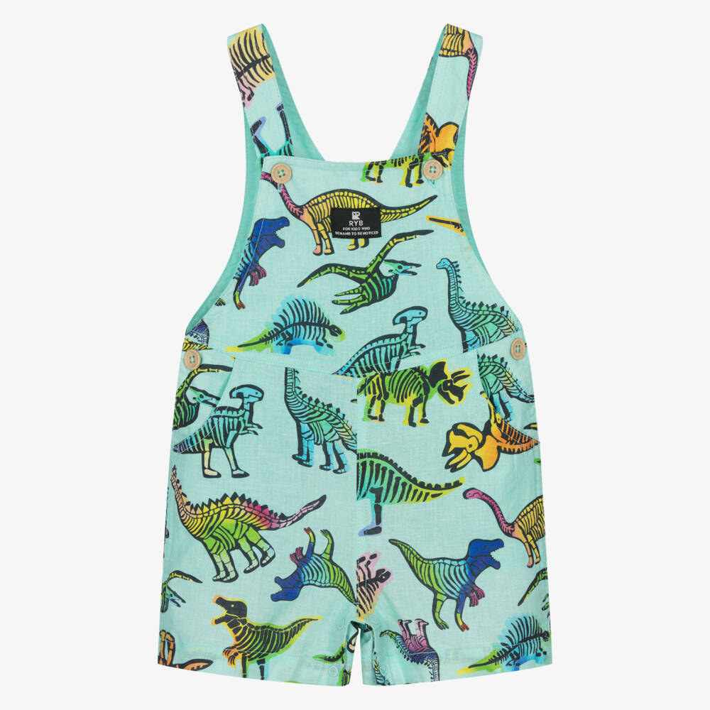 Rock Your Baby-Baby Boys Aqua Green Dino Print Dungarees | Childrensalon