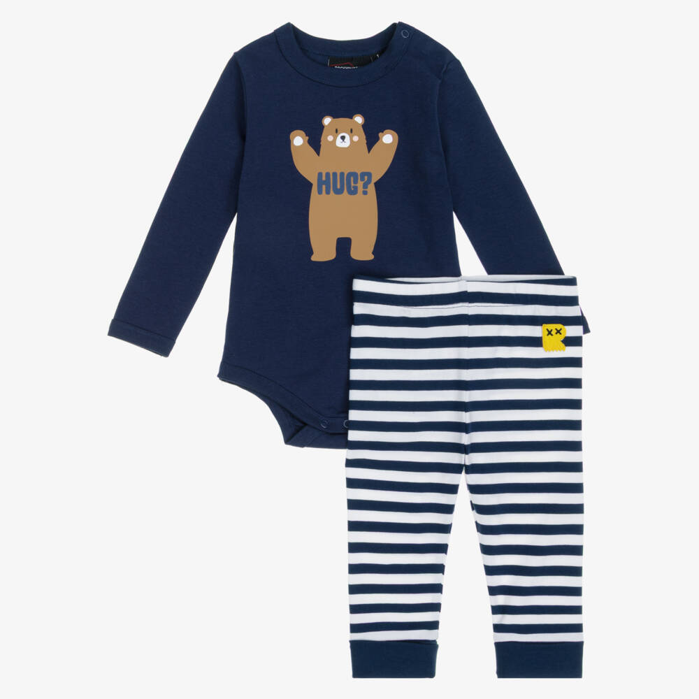 Rock Your Baby-Baby Boys Blue Cotton Bodysuit Set with Striped Leggings | Childrensalon