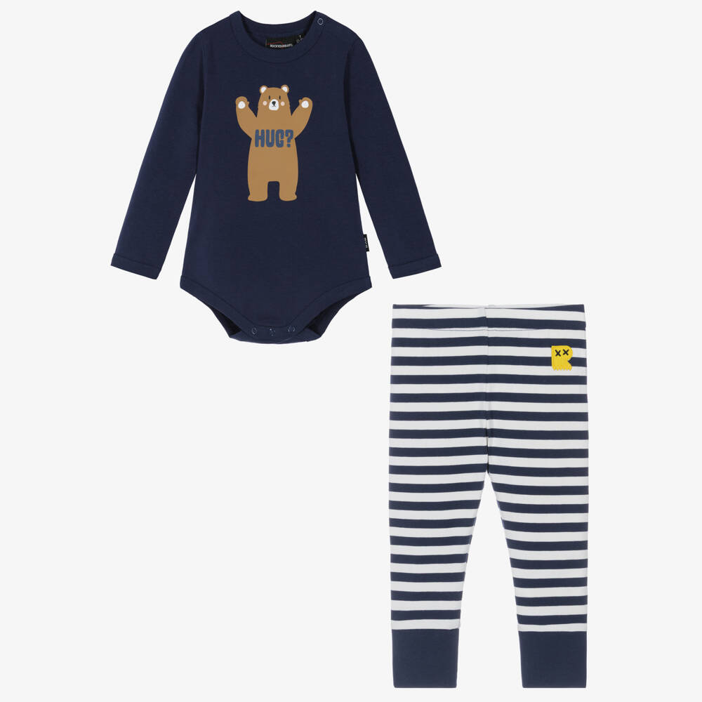 Rock Your Baby-Baby Boys Blue Cotton Bodysuit Set with Striped Leggings | Childrensalon