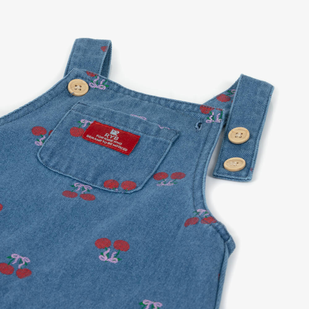 Rock Your Baby-Baby Girls Blue Denim Short Dungarees with Cherry Print | Childrensalon