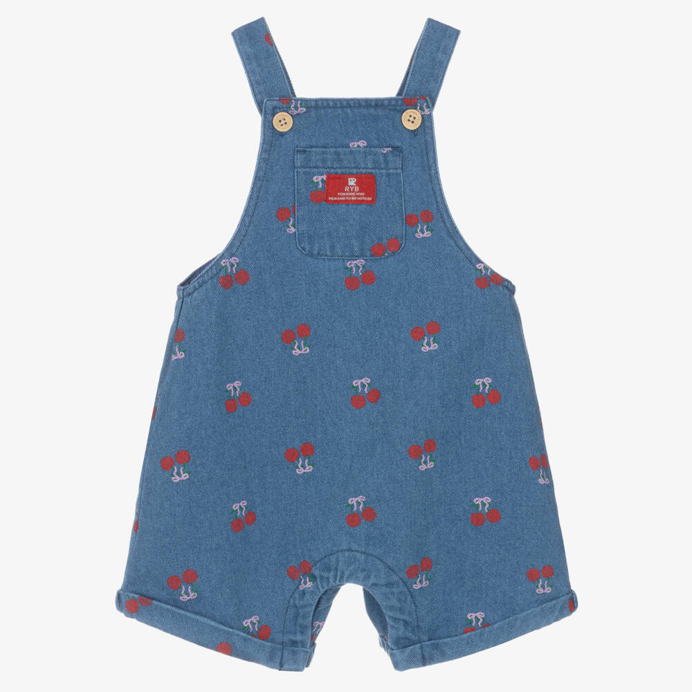 Rock Your Baby-Baby Girls Blue Denim Short Dungarees with Cherry Print | Childrensalon