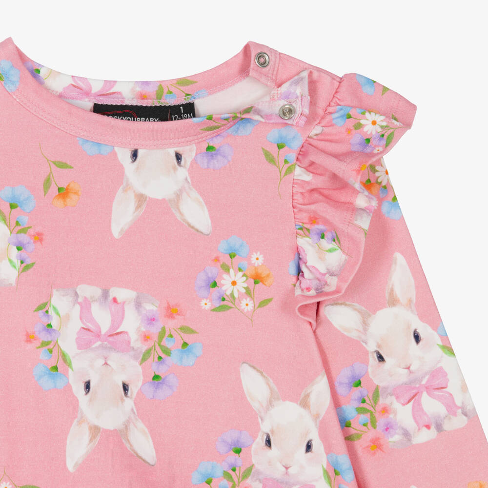 Rock Your Baby-Baby Girls Pink Cotton Bunny Print Bodysuit | Childrensalon