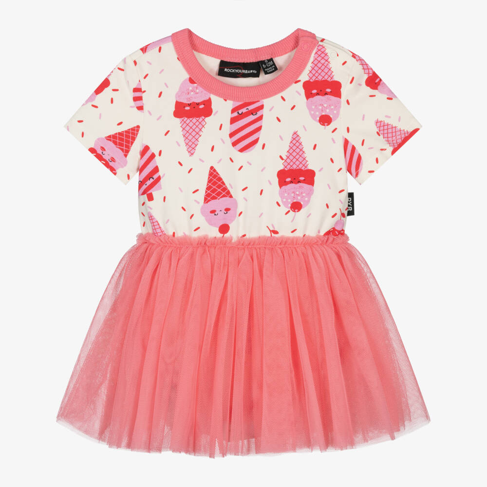 Rock Your Baby-Baby Girls Pink Cotton Jersey & Tulle Ice Cream Print Dress | Childrensalon