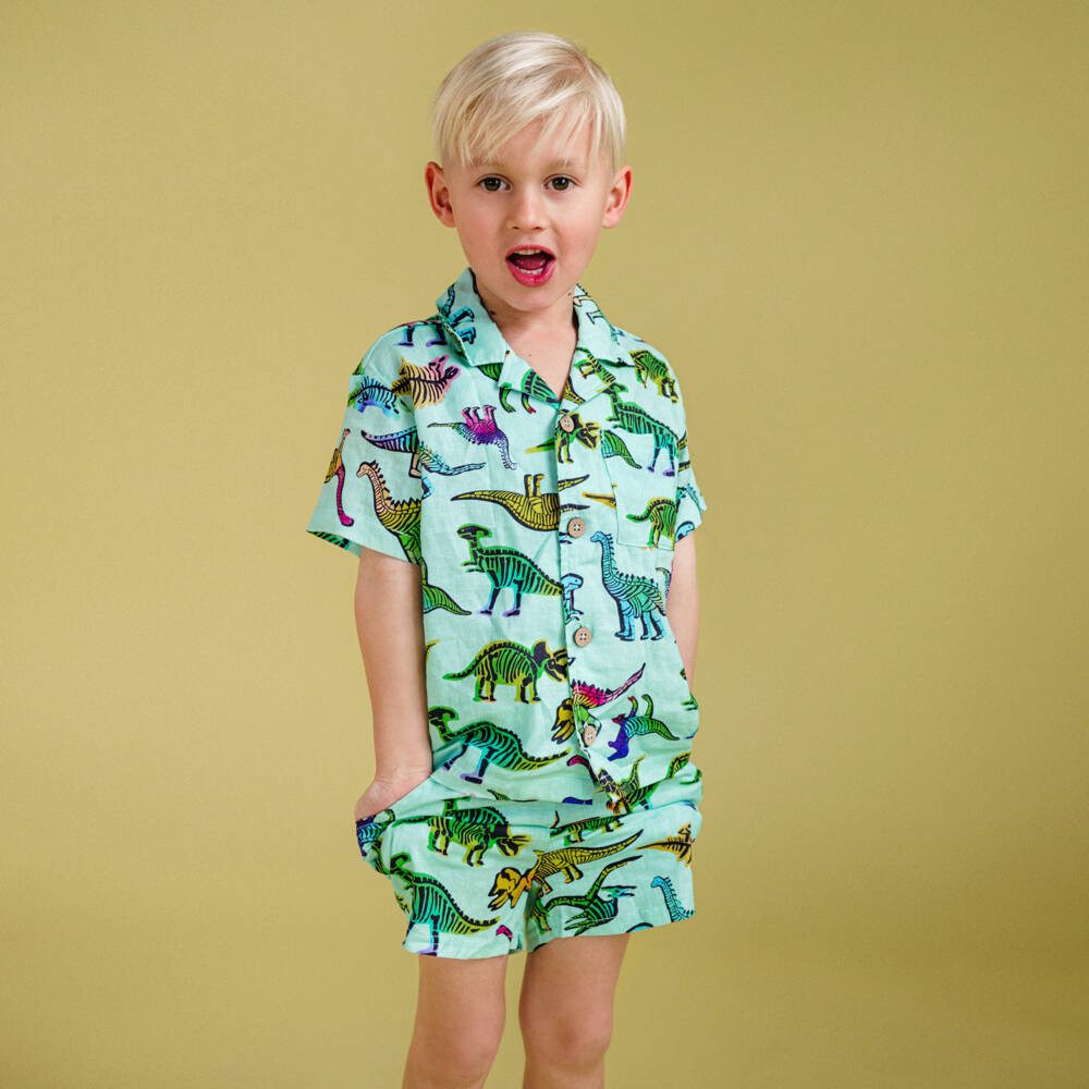 Rock Your Baby-Boys Aqua Green Dino Print Shorts | Childrensalon