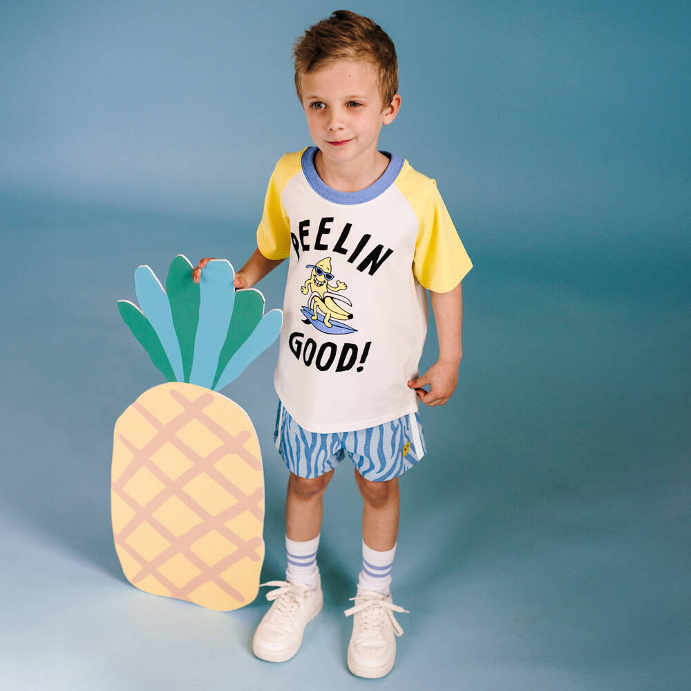 Rock Your Baby-Boys Blue Wavy Striped Cotton Twill Shorts | Childrensalon