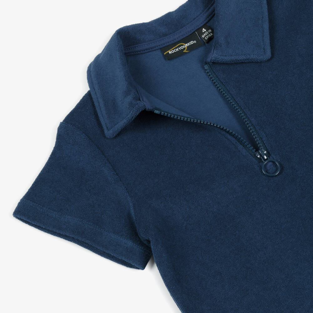Rock Your Baby-Boys Navy Blue Terry Towelling Polo Shirt with Zip | Childrensalon