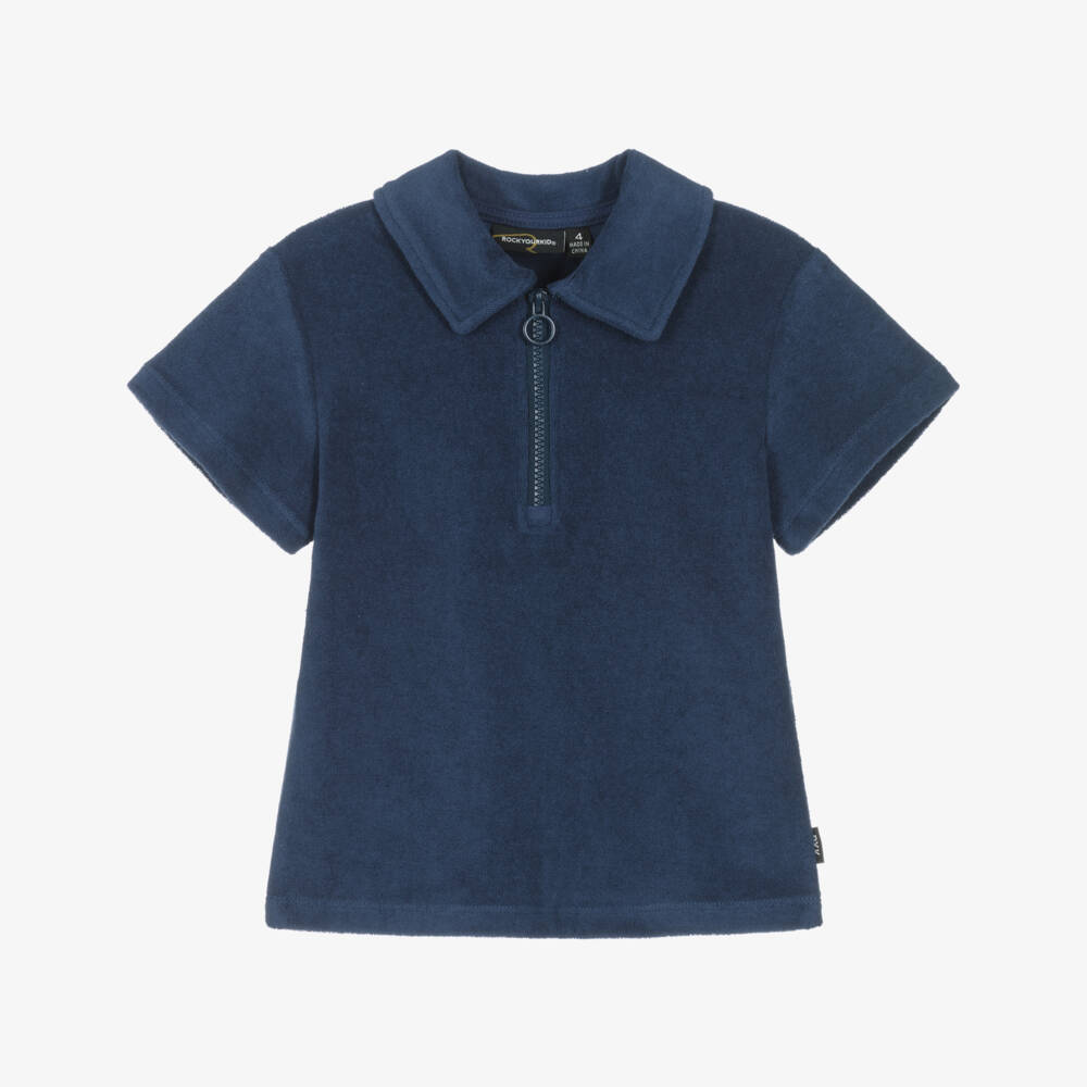 Rock Your Baby-Boys Navy Blue Terry Towelling Polo Shirt with Zip | Childrensalon