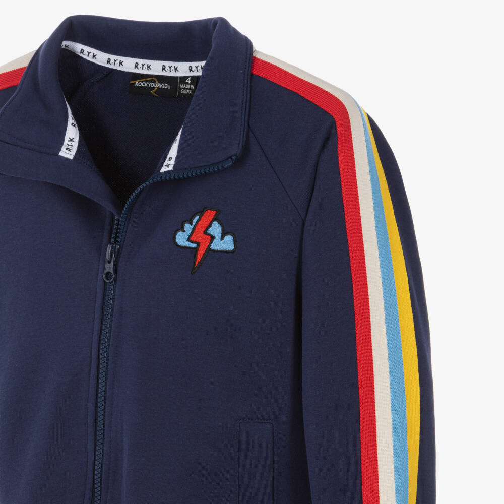 Rock Your Baby-Boys Navy Blue Zip-Up Top with Rainbow Stripes | Childrensalon