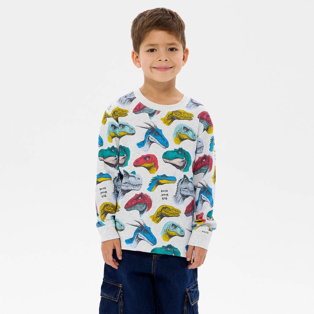 Rock Your Baby-Boys Soft Grey Cotton Top with Dinosaur Print | Childrensalon