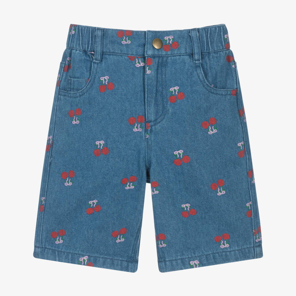 Rock Your Baby-Girls Blue Denim Shorts with Cherry Motifs | Childrensalon