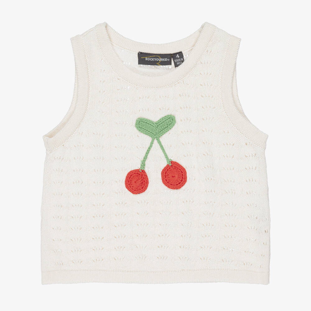 Rock Your Baby-Girls Ivory Cotton Cherry Tank Top with Cut Work | Childrensalon