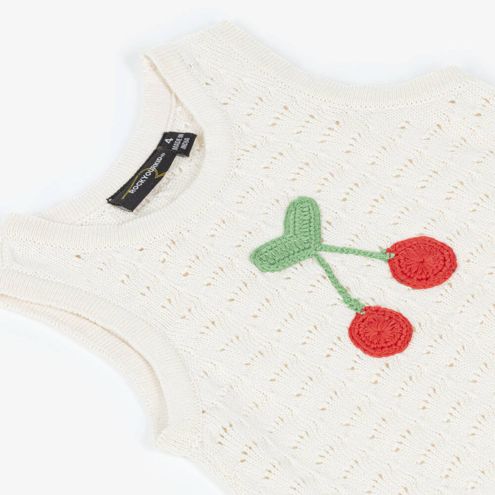 Rock Your Baby-Girls Ivory Cotton Cherry Tank Top with Cut Work | Childrensalon