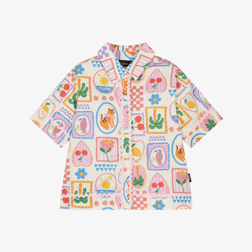 Rock Your Baby-Girls Ivory Cotton Shirt with Retro Print | Childrensalon