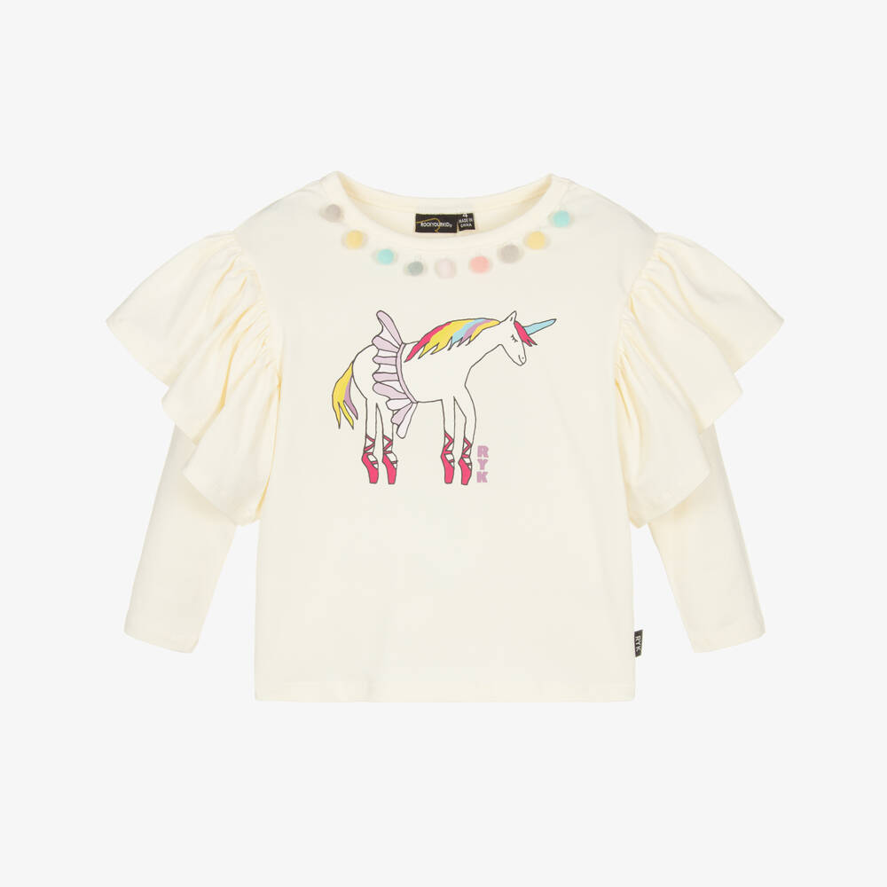Rock Your Baby-Girls Ivory Cotton Top with Unicorn & Pom-Poms | Childrensalon