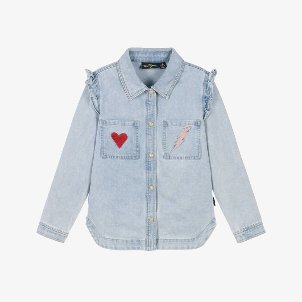 Rock Your Baby-Girls Light Blue Denim Shirt with Heart Motif | Childrensalon