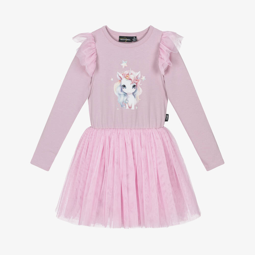 Rock Your Baby-Girls Lilac Unicorn Cotton Jersey & Tulle Dress | Childrensalon