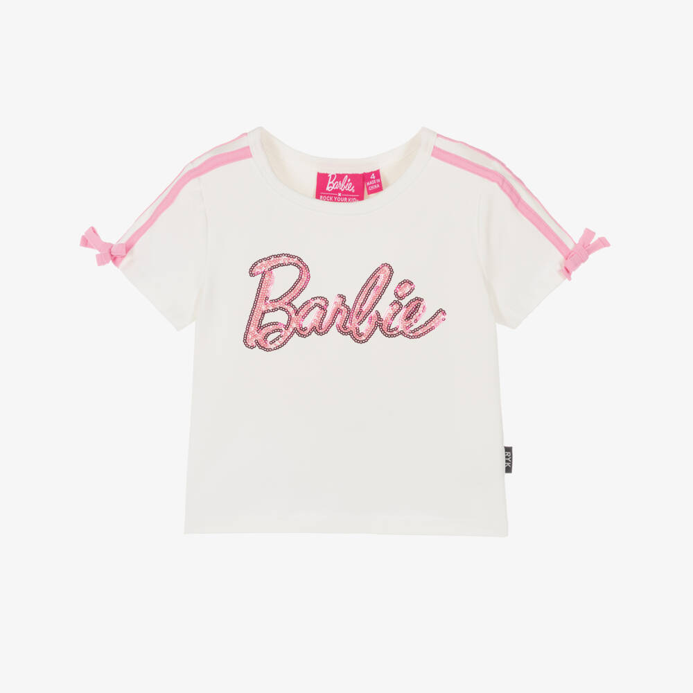 Rock Your Baby-Girls Off-White Sequin Barbie T-Shirt | Childrensalon