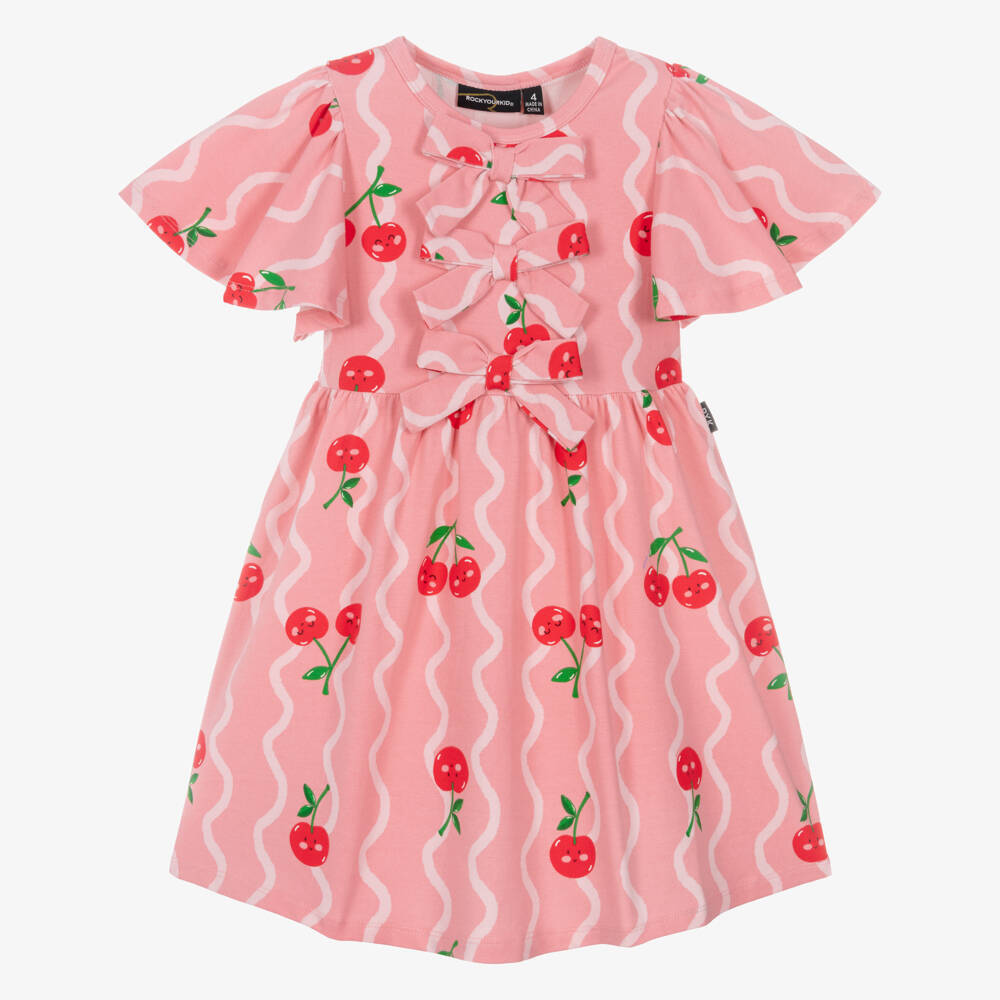 Rock Your Baby-Girls Pink Cherry Print Cotton Jersey Dress with Bows | Childrensalon