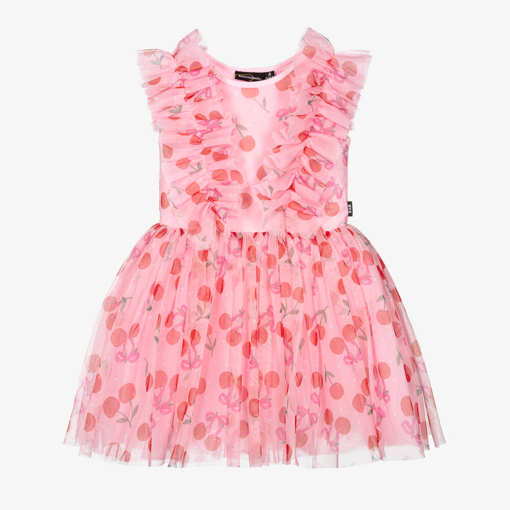 Rock Your Baby-Girls Pink Cherry Print Tulle Dress  | Childrensalon