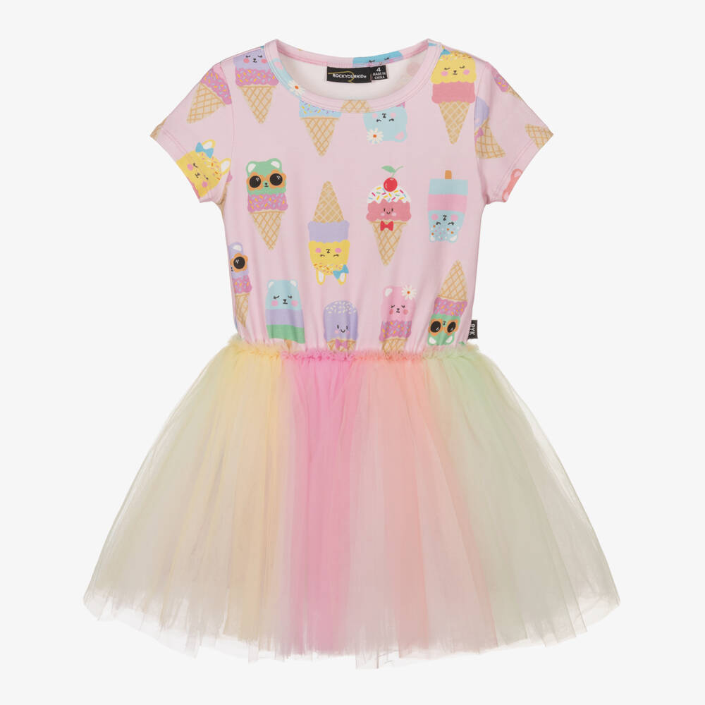 Rock Your Baby-Girls Pink Cotton Ice Cream Dress with Rainbow Tulle Skirt | Childrensalon