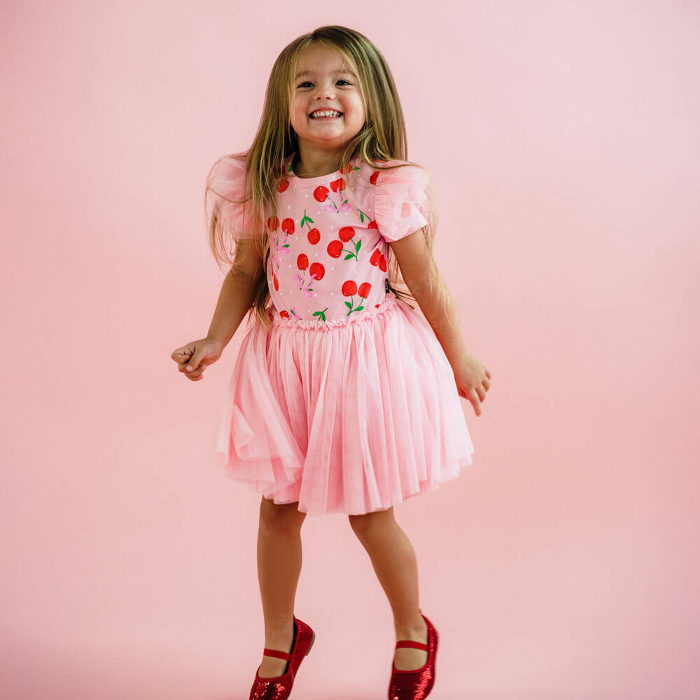 Rock Your Baby-فستان بطبعة كرز قطن وتول لون زهري للبنات | Childrensalon