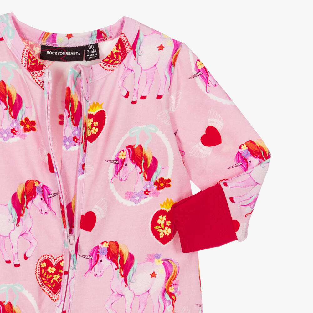 Rock Your Baby-Girls Pink Cotton Unicorn Hearts Babysuit | Childrensalon