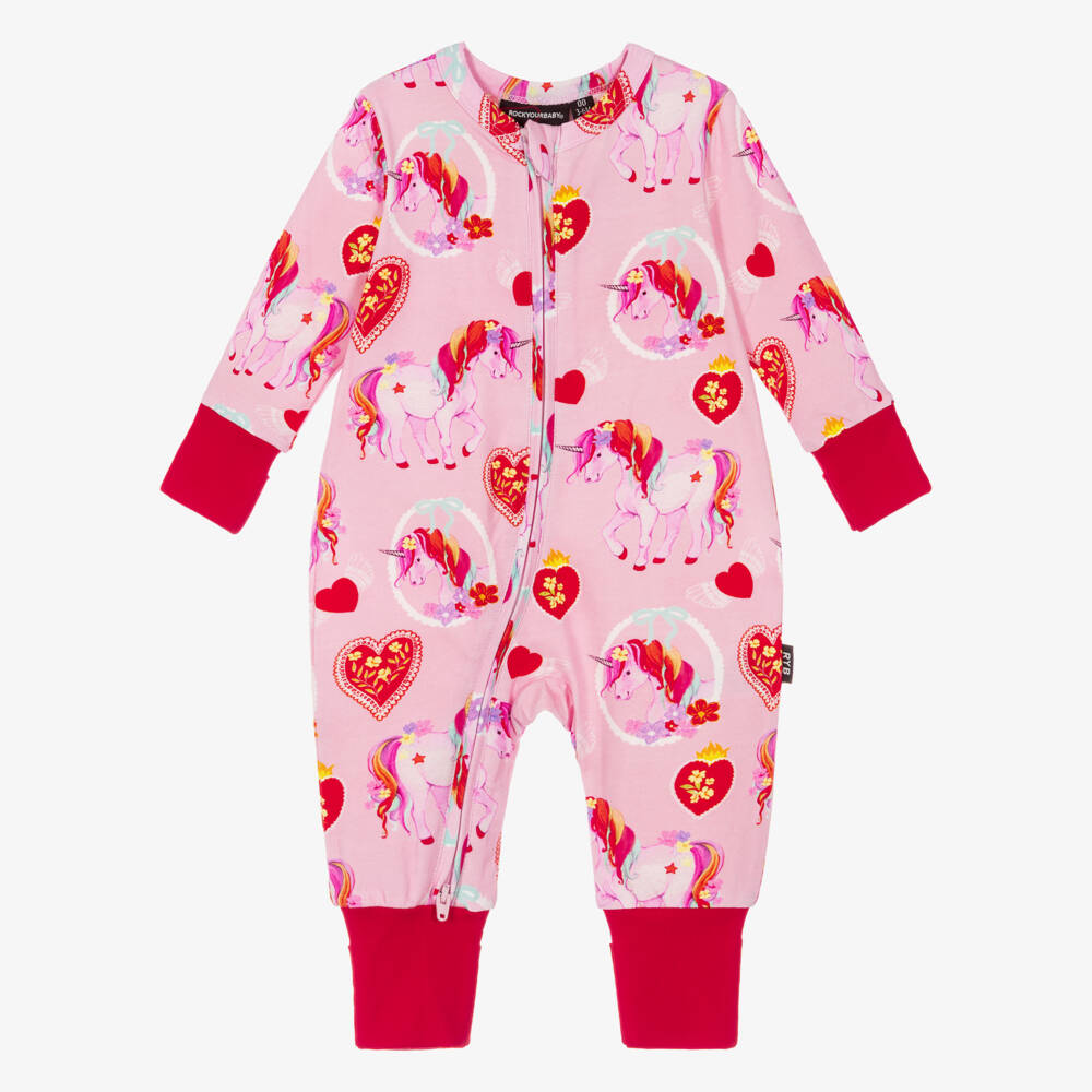 Rock Your Baby-Girls Pink Cotton Unicorn Hearts Babysuit | Childrensalon