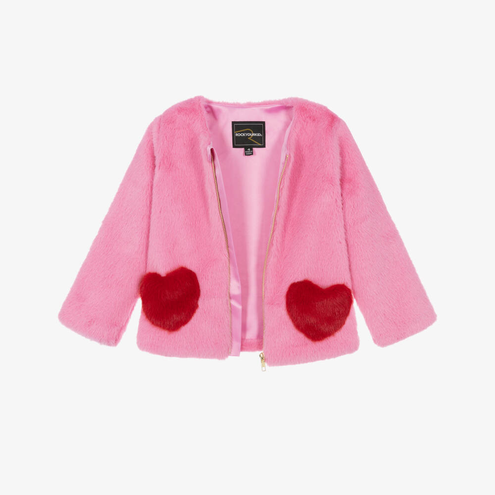 Rock Your Baby-Girls Pink Faux Fur Jacket with heart Pockets | Childrensalon