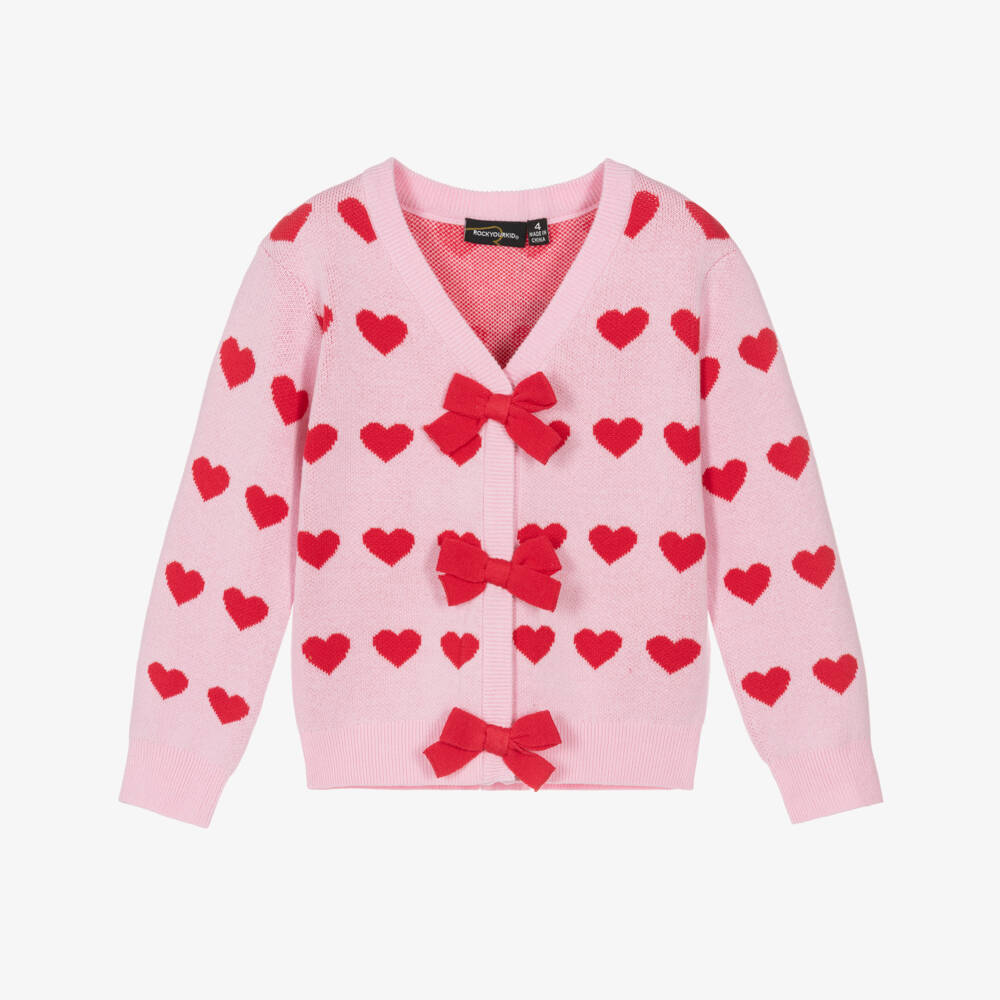 Rock Your Baby-Girls Pink Knitted Cardigan with Red Hearts | Childrensalon