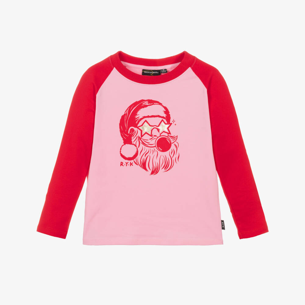 Rock Your Baby-Girls Pink & Red Cotton Santa Claus Top | Childrensalon