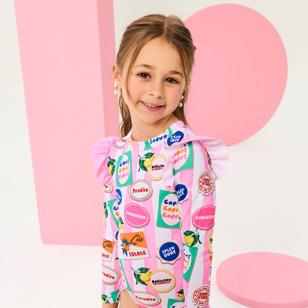 Rock Your Baby-Girls Pink Striped Paradiso Swimsuit (UPF50+) | Childrensalon