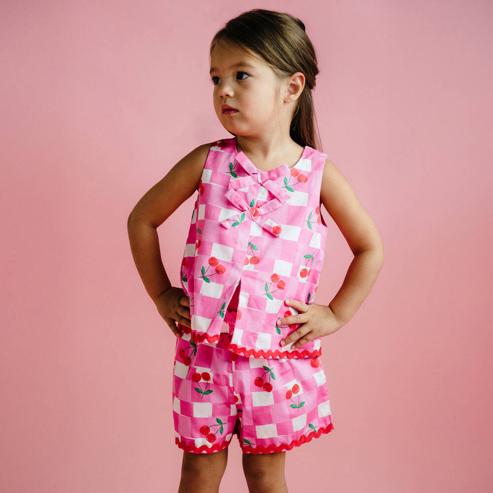 Rock Your Baby-Girls Pink & White Cotton Gingham & Cherry Shorts Set | Childrensalon